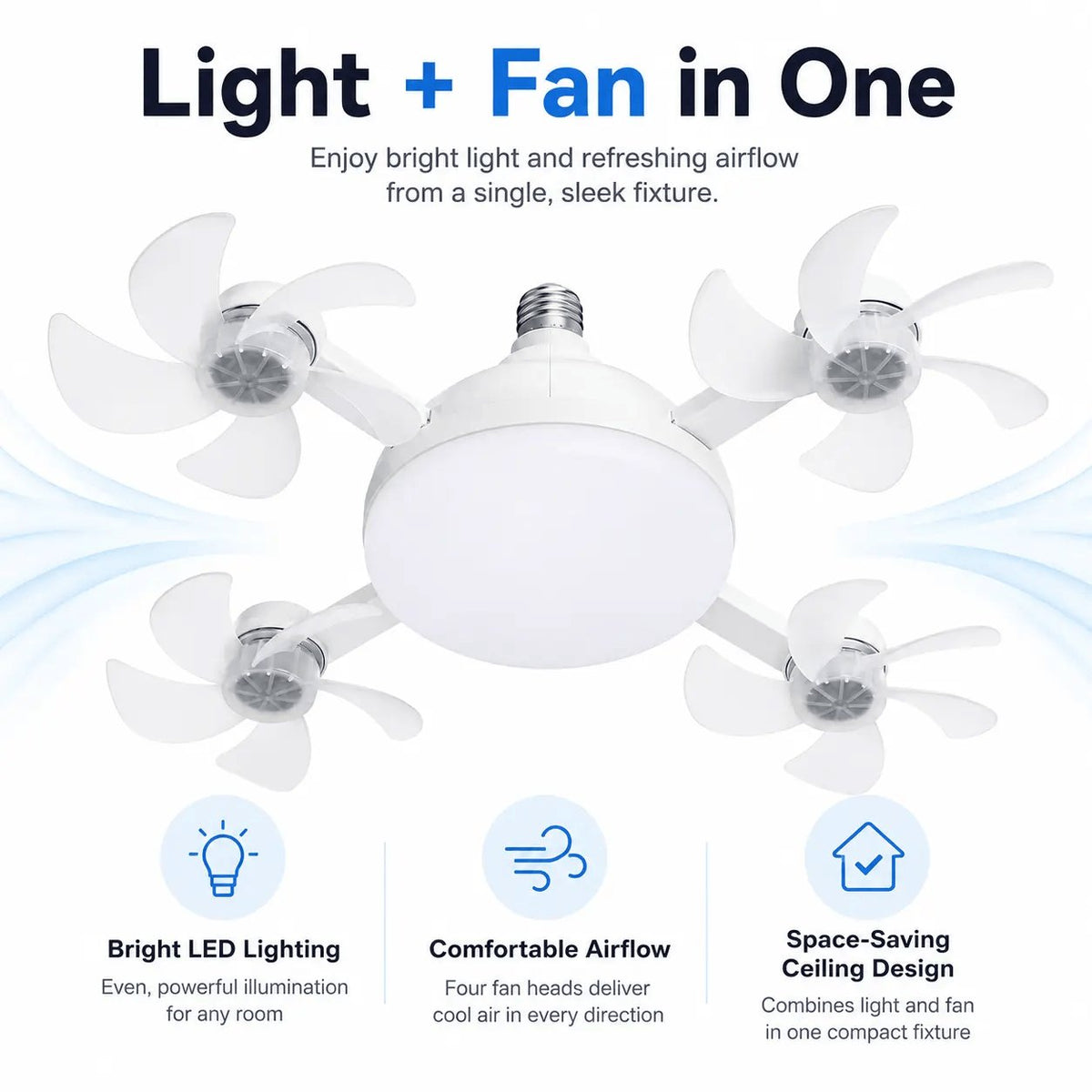 Rachymack Ruxacty Screw in Ceiling Fan Light with Remote Control 19.7 Inch Foldable LED Socket Fan Light E26 Medium Base Ceiling Fan with 4 Fan Blades Quiet Airflow Bright Lighting Easy Installation for Bedroom Kitchen Garage Office and Dorm