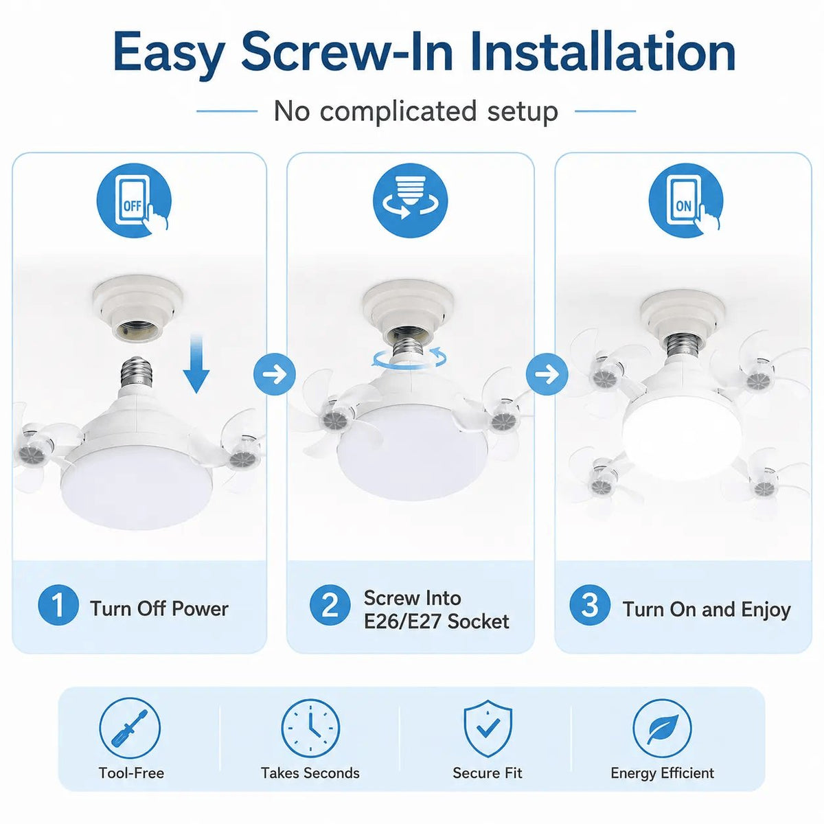 Rachymack Ruxacty Screw in Ceiling Fan Light with Remote Control 19.7 Inch Foldable LED Socket Fan Light E26 Medium Base Ceiling Fan with 4 Fan Blades Quiet Airflow Bright Lighting Easy Installation for Bedroom Kitchen Garage Office and Dorm