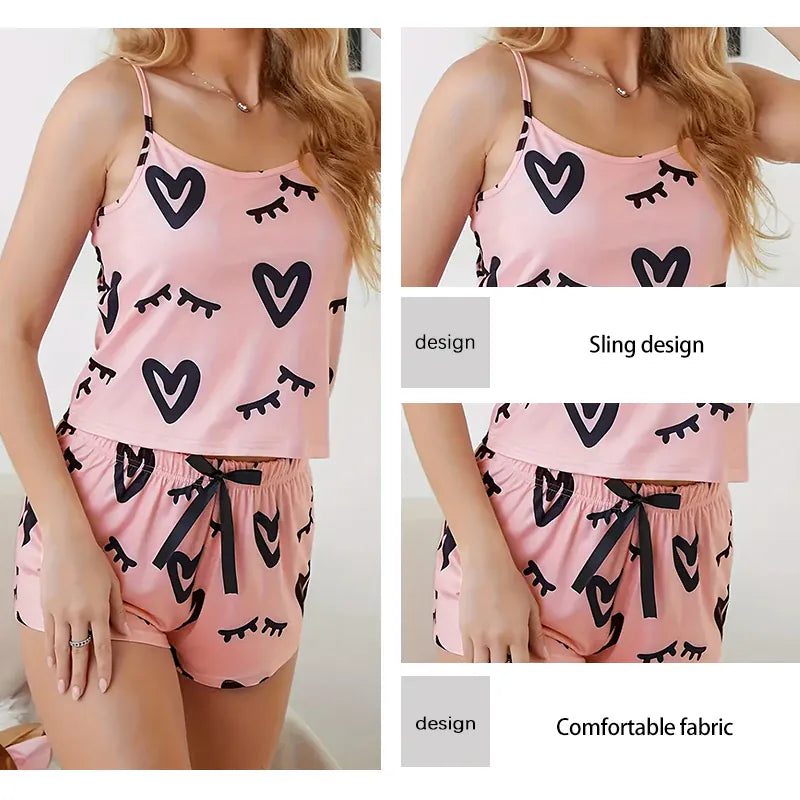Rachymack Sexy Pink Print Pajama Set – U-Neck Sleeveless Top & Bow Shorts for Women