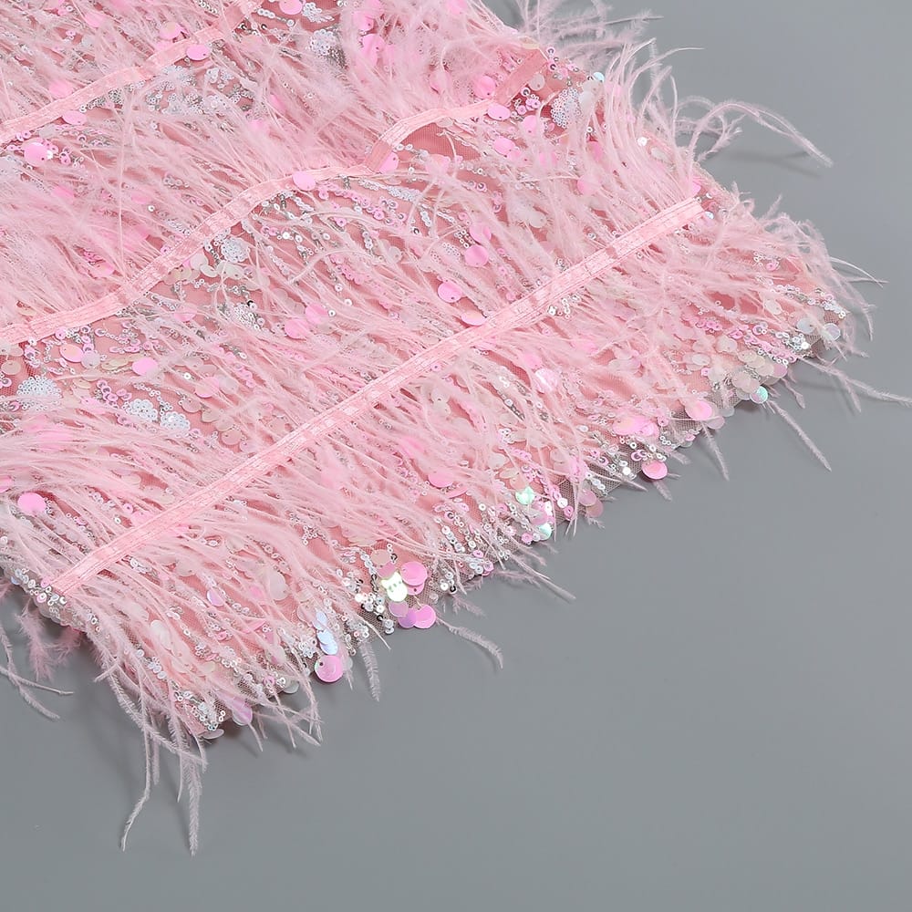 Rachymack Sexy Strapless Ostrich Feathers Sequins Dress