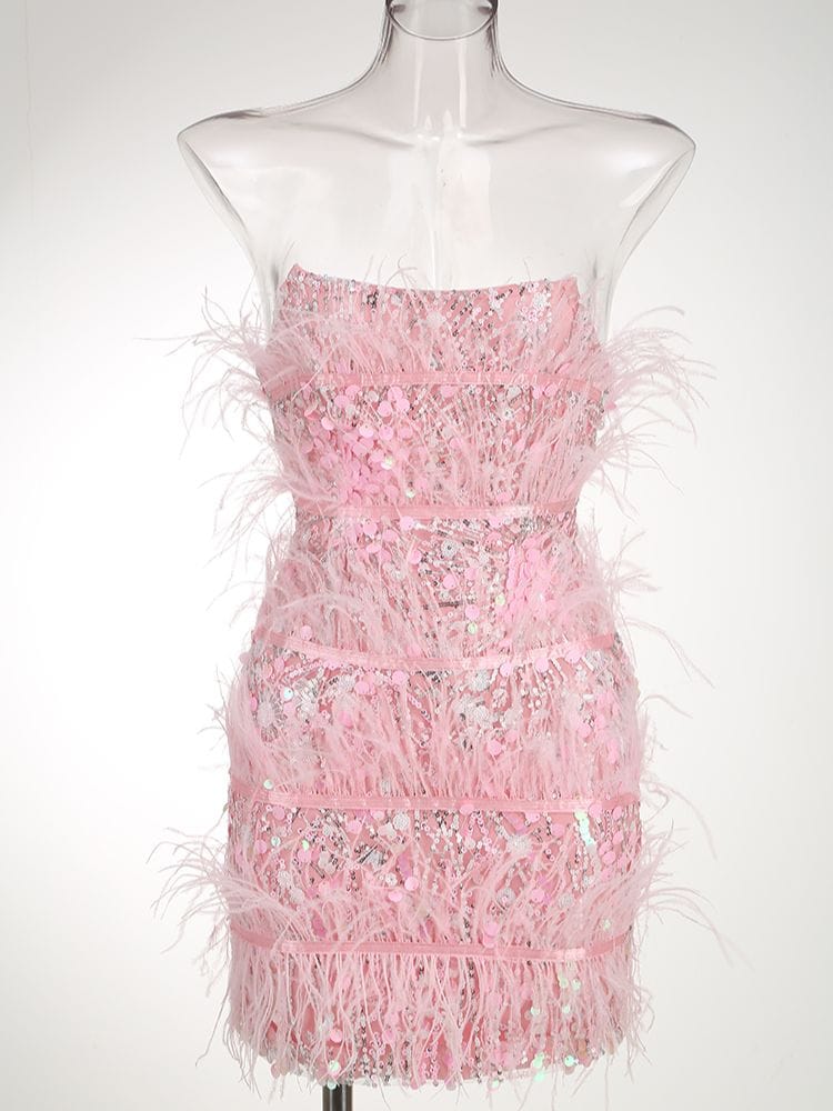 Rachymack Sexy Strapless Ostrich Feathers Sequins Dress