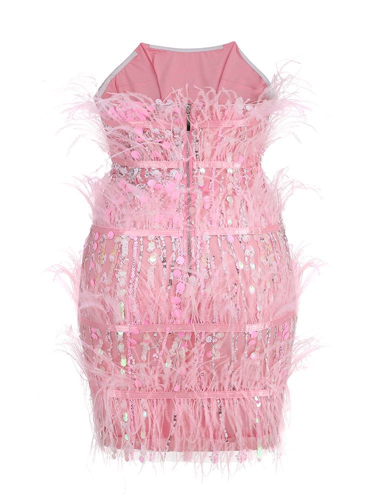 Rachymack Sexy Strapless Ostrich Feathers Sequins Dress