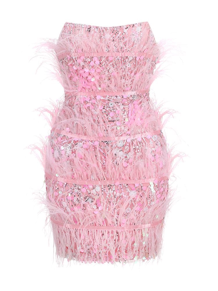 Rachymack Sexy Strapless Ostrich Feathers Sequins Dress