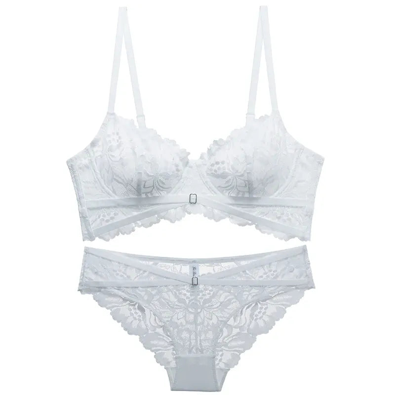 Rachymack white / 75A(34A) Logirlve Top High Quality Bra Set Lingerie Push Up Brassiere Lace Embroidery Underwear Set Ultra-thin Cup For Women underwear