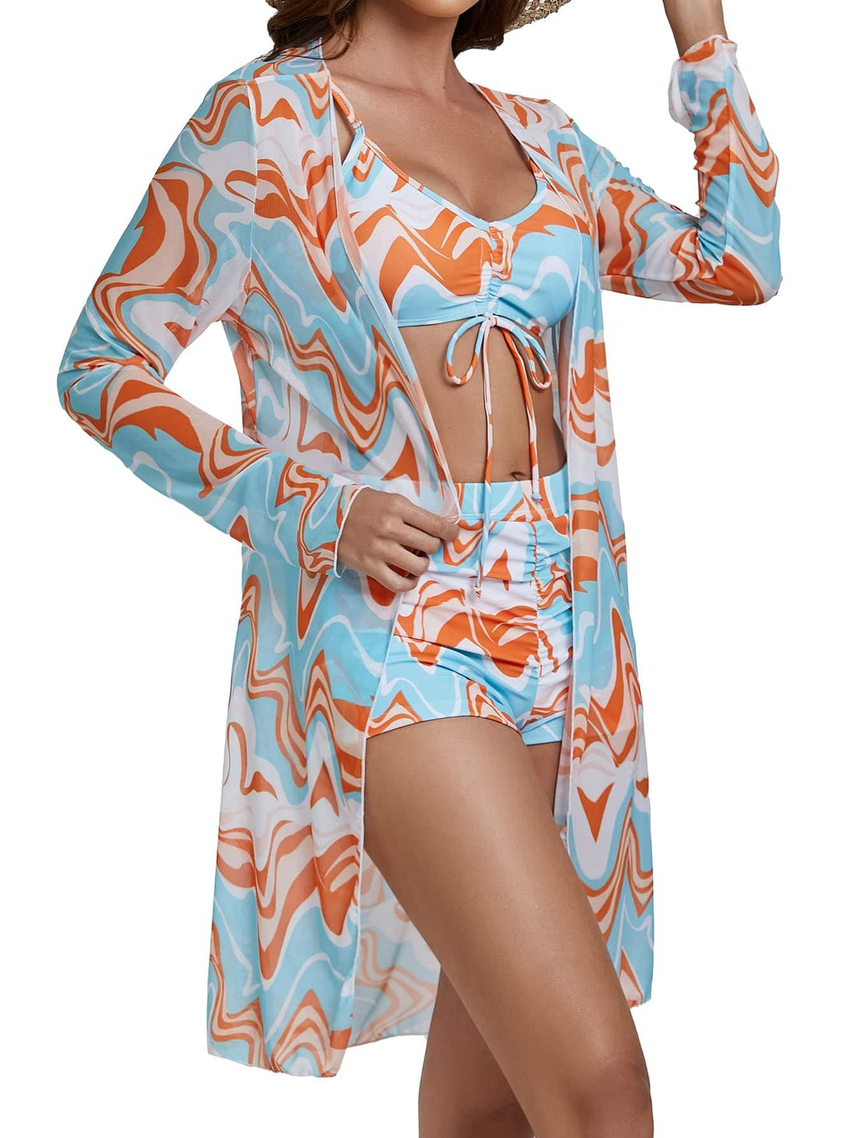 Rachymack Women's Swimsuit Printed Ruched Long Sleeve