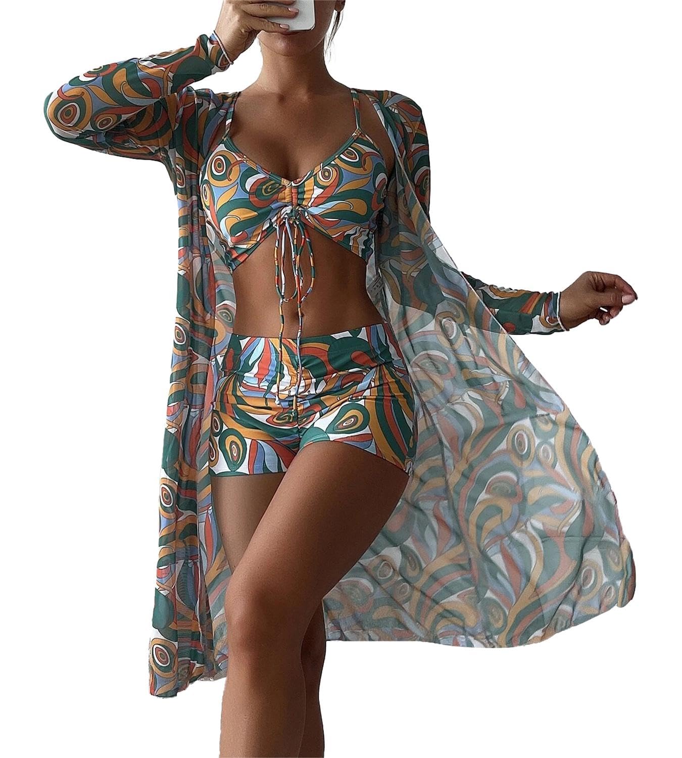 Rachymack Women's Swimsuit Printed Ruched Long Sleeve