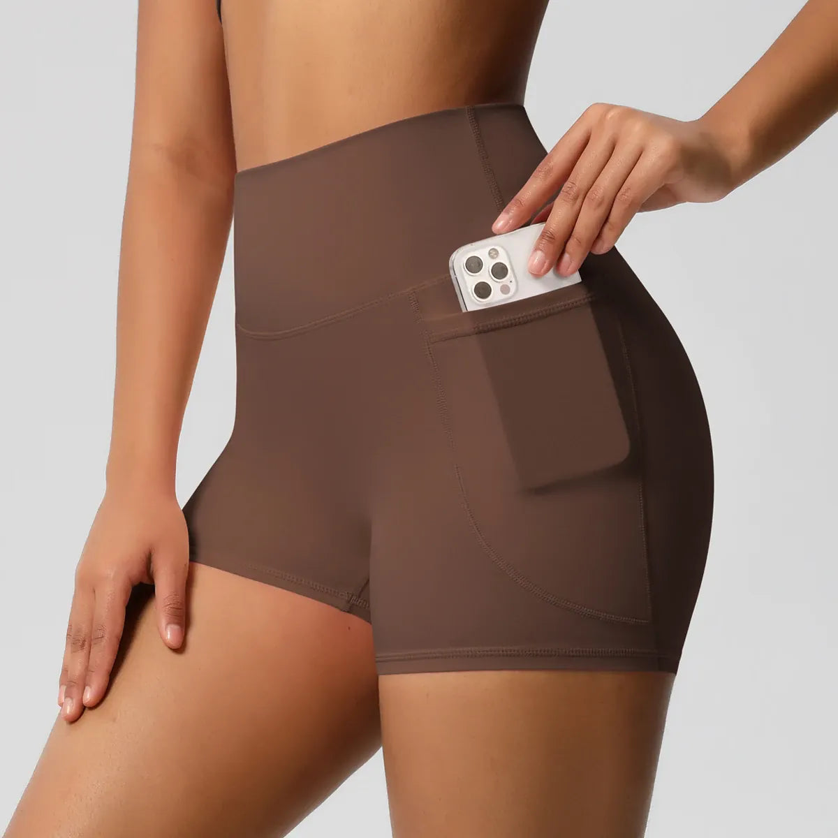 Rachymack Workout Shorts Brown / S High Waist Squat-Proof Biker Shorts with Pockets
