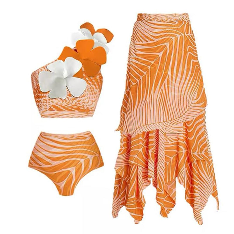 Rachymack X-Large / Orange Flower Leaves Swimwear Bathing Suit with Cover Up Set