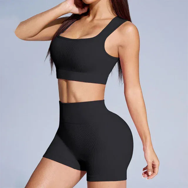 Rachymack Yoga Sets M / black Seamless Ribbed Yoga Set – 2-Piece Crop Top & High Waist Shorts