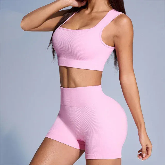 Rachymack Yoga Sets M / Pink Seamless Ribbed Yoga Set – 2-Piece Crop Top & High Waist Shorts