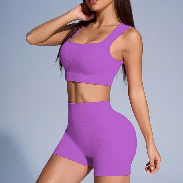 Rachymack Yoga Sets M / PURPLE Seamless Ribbed Yoga Set – 2-Piece Crop Top & High Waist Shorts