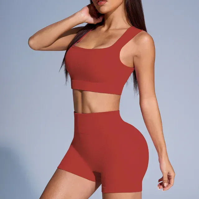 Rachymack Yoga Sets M / Red Seamless Ribbed Yoga Set – 2-Piece Crop Top & High Waist Shorts