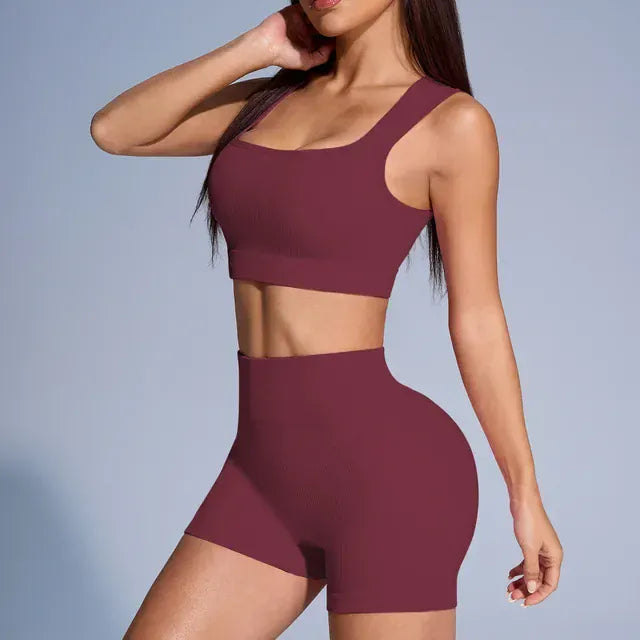 Rachymack Yoga Sets M / Wine Seamless Ribbed Yoga Set – 2-Piece Crop Top & High Waist Shorts