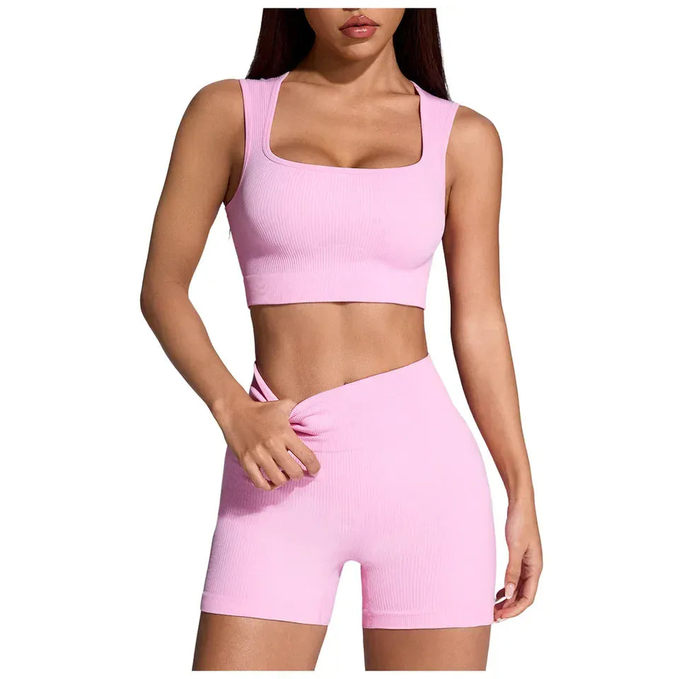 Rachymack Yoga Sets Seamless Ribbed Yoga Set – 2-Piece Crop Top & High Waist Shorts