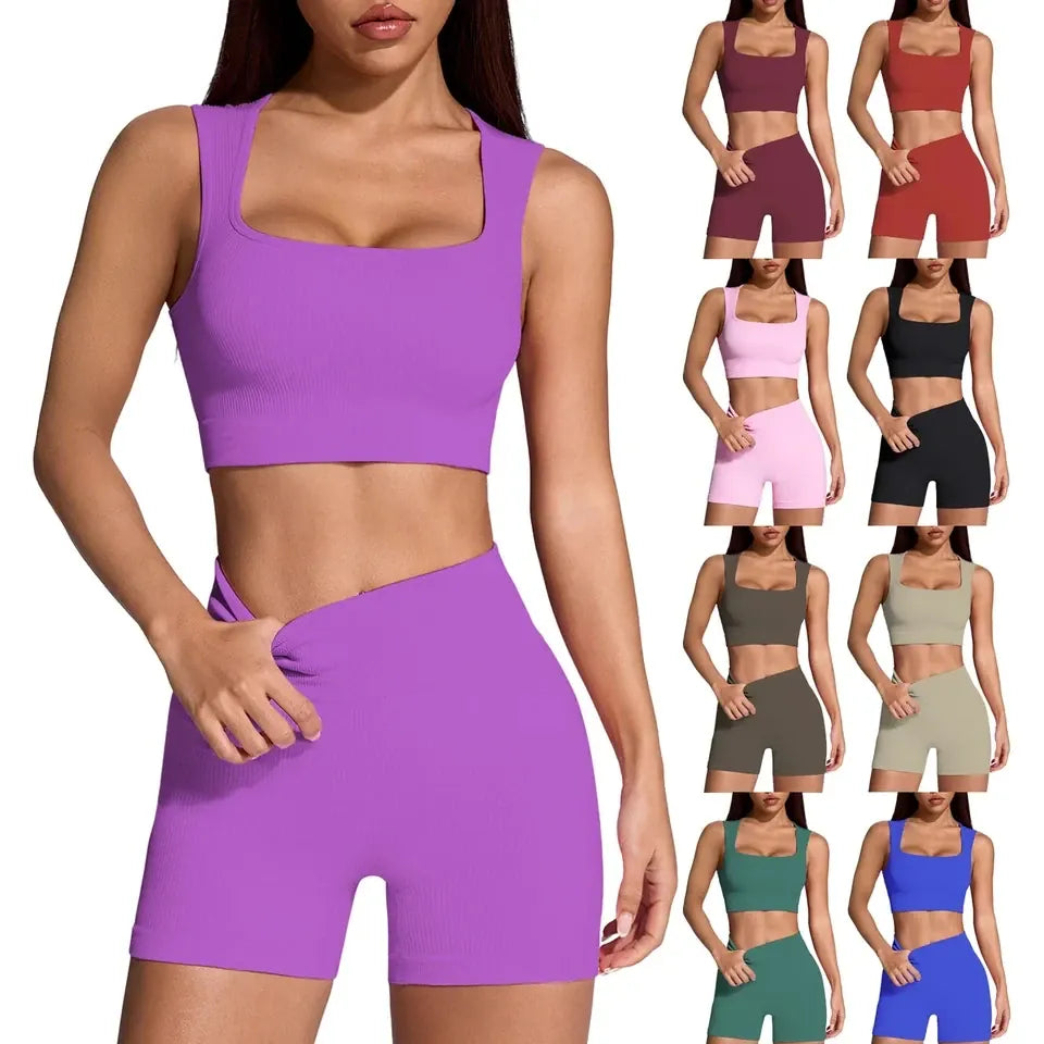 Rachymack Yoga Sets Seamless Ribbed Yoga Set – 2-Piece Crop Top & High Waist Shorts