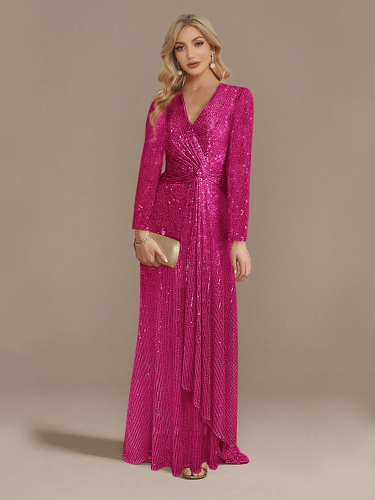 Long Sleeve V-Neck Evening Dress