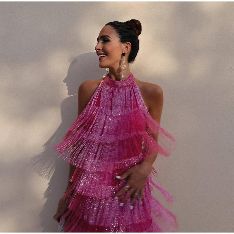 S Tassel Backless Mini Dresses