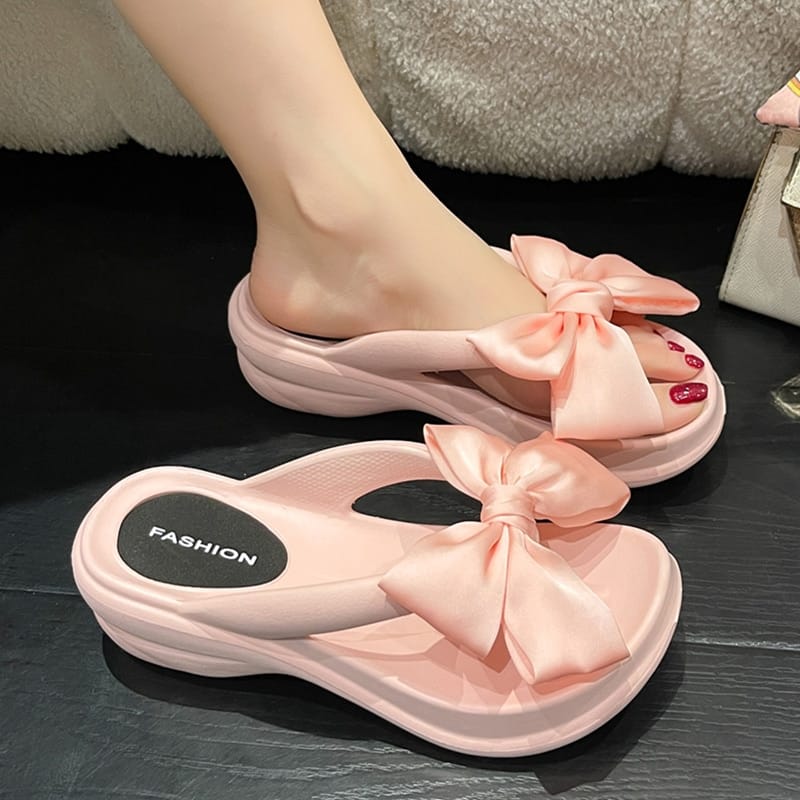 Rachymack Pink Big Bowknot Wedge Flip Flops Slippers