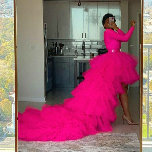 Rachymack Pink / S Chic Tulle Tutu High Low Skirt with Long Train