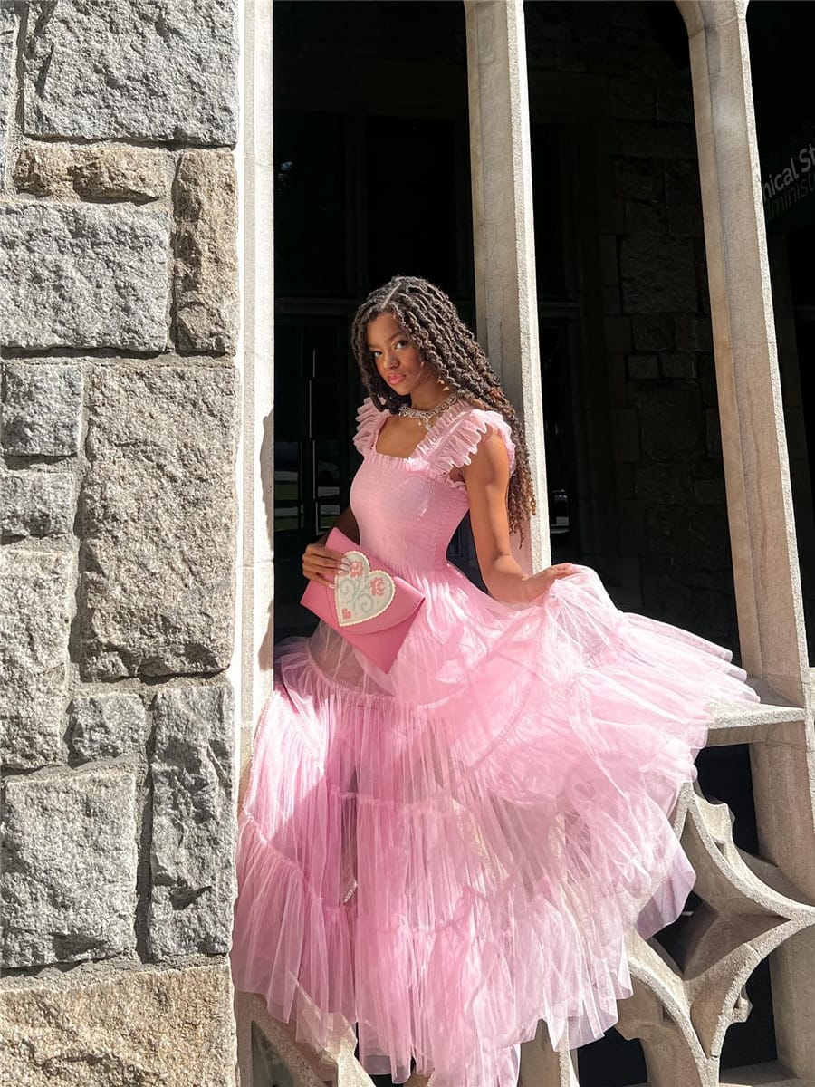 Rachymack Pink / S Women Mesh Puffy Long Dress