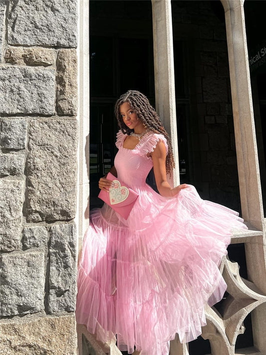 Rachymack Pink / S Women Mesh Puffy Long Dress
