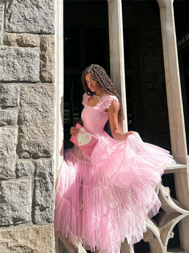 Rachymack Pink / S Women Mesh Puffy Long Dress